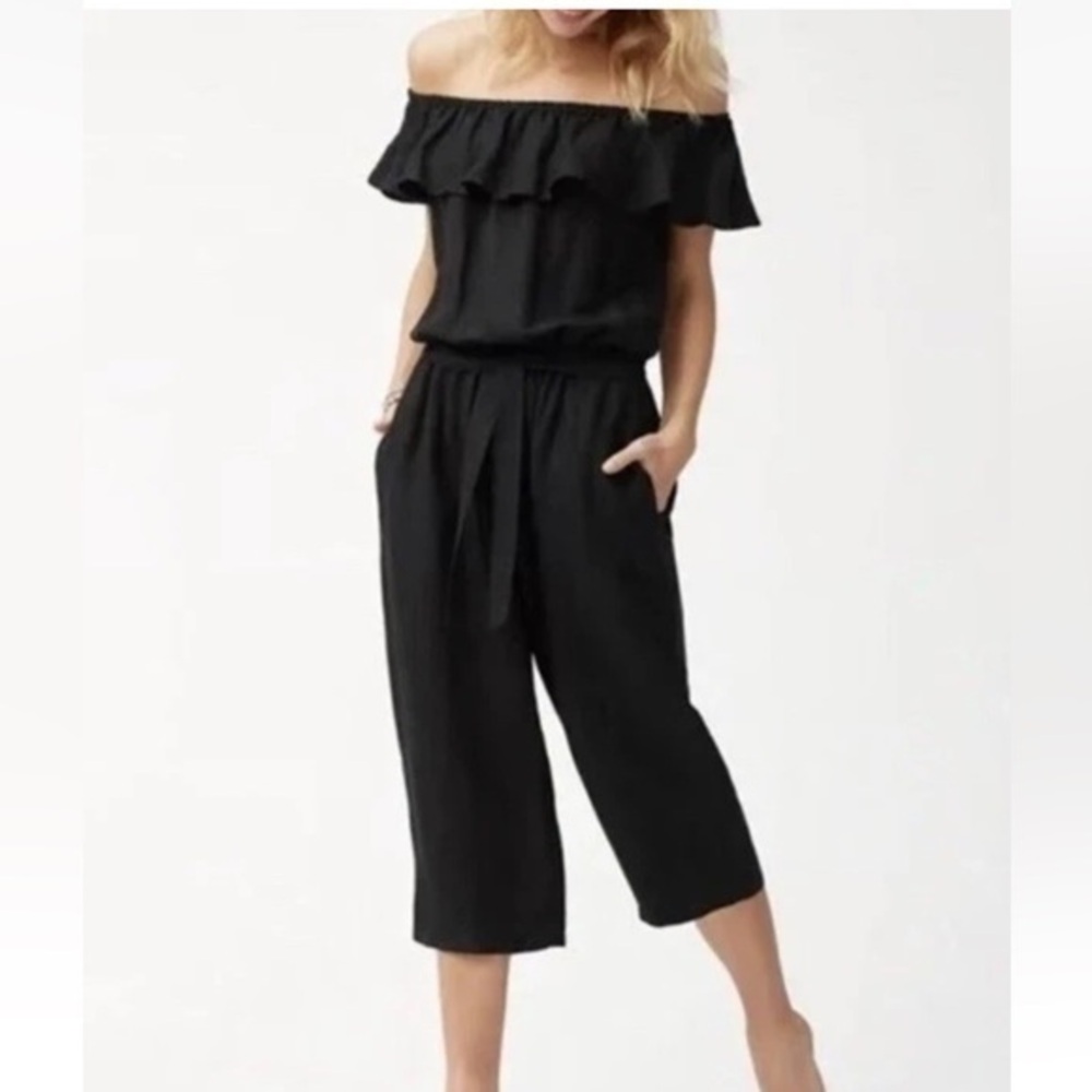 Tommy Bahama Black Off-Shoulder Ruffle Jumpsuit
